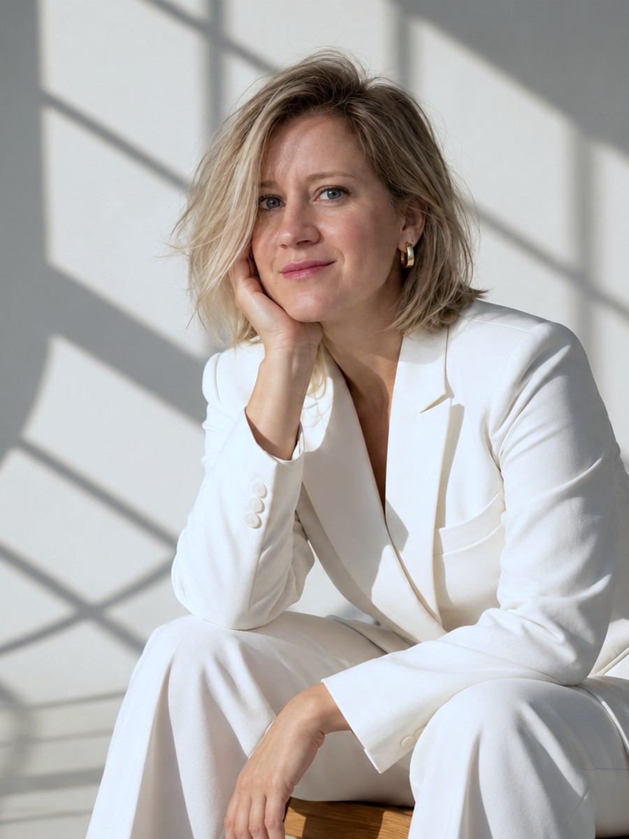 Elisabeth Isakova, founder of S2N Consult, in a white suit in a sunlit Geneva studio